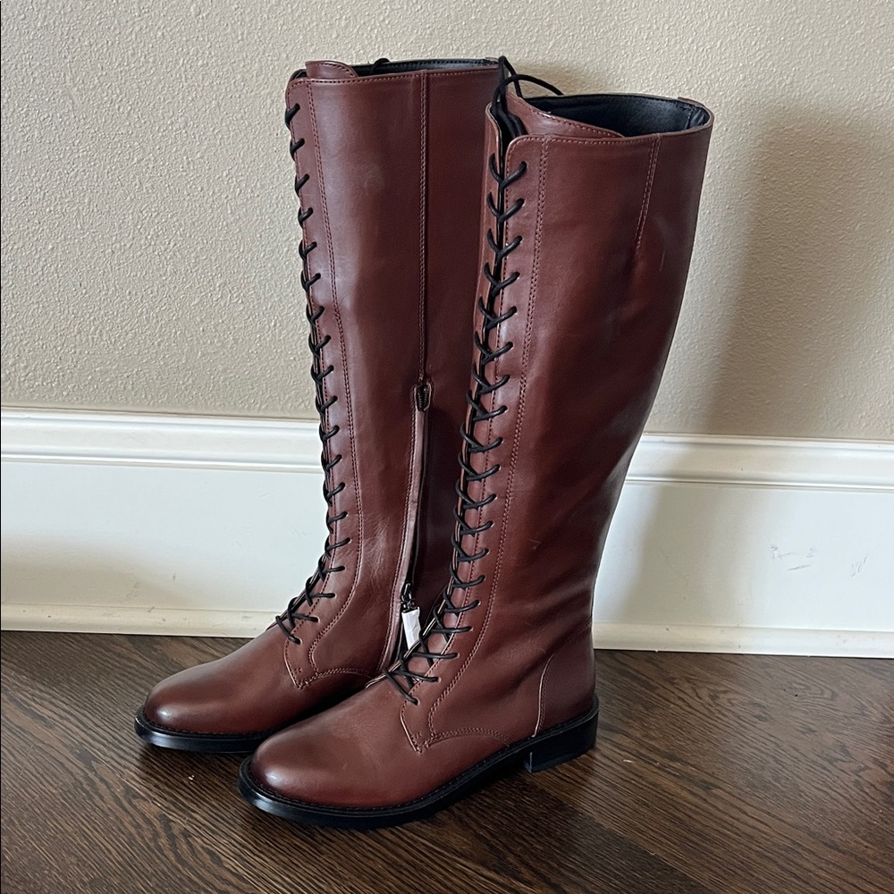 NEW Sam Edelman Tall Lace-Up Knee Boots in Chestnut Brown zipper